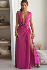 Fuchsia Slinky Twist Cut Out Maxi Dress With Deep Slit
