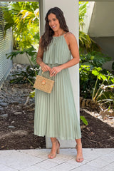 Sage Pleated Midi Dress