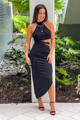 Black Halter Neck Asymmetrical Dress With Cut Out