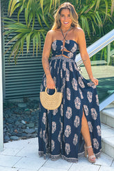 Navy Printed Strapless Maxi Dress With Cut Out