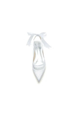 Satin Pointed Toe Mesh Low Heels With Bow
