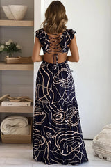 Navy Printed Lace Up Back Maxi Dress