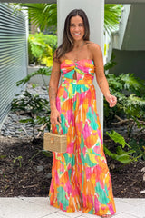 Orange Printed Strapless Jumpsuit