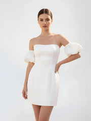 Short Satin White Wedding Dress Strapless Off the Shoulder