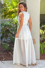 Off White Crochet V Neck Top Maxi Dress With Slit
