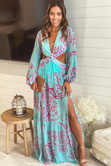 Turquoise And Pink Maxi Dress With Cut Out And Long Sleeves