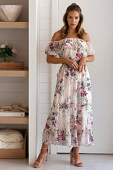 Pink Floral Off Shoulder Midi Dress