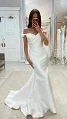 Chic Satin Mermaid Off Shoulder Ruched With Train Beach Wedding Dress