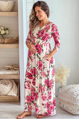 Cream Floral Maternity Maxi Dress With Sleeves