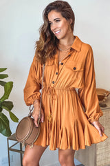 Camel Ruffled Button Down Short Dress