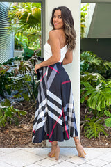 Black Printed One Shoulder Midi Dress With Pockets
