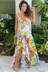 Multi Color Ruffled Maxi Dress With Slit