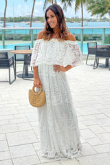 Off White Lace Off Shoulder Maxi Dress