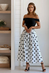 Black And White Polka Dot Off Shoulder Midi Dress