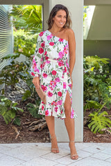 Ivory And Magenta One Shoulder Floral Dress