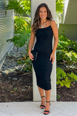 Black Ruched Midi Dress With Zipper Detail