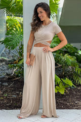 Dusty Taupe Criss Cross Crop Top And Pants Set