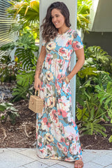 Sage Floral Maxi Dress With Short Sleeves And Pockets