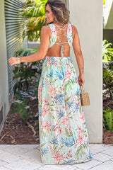 Mint Floral V Neck Maxi Dress With Lace Up Back