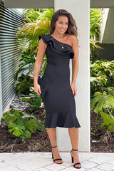 Black One Shoulder Ruffled Midi Dress