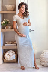 Heather Gray Maternity Long Dress With Side Slit