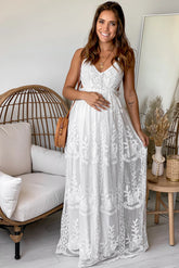 Off White Lace Maternity Maxi Dress with Crochet Top