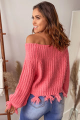 Coral Off Shoulder Distressed Sweater