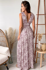 Wine Printed V Neck Maxi Dress With Cut Out And Slit