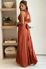 Brick V Neck Satin Maxi Dress