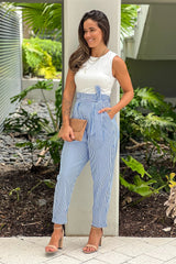 Blue Striped Jumpsuit With Tie Belt