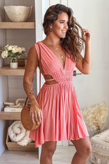 Melon V Neck Short Dress With Side Cutouts