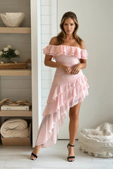 Baby Pink Off Shoulder Ruffled Asymmetrical Dress