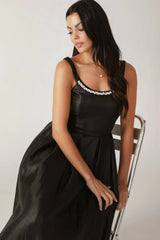 PEARL TRIM BLACK SATIN MIDI DRESS FINAL SALE