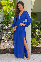 Royal Blue Pleated V Neck Maxi Dress