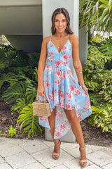 Blue Floral High Low Dress With Lace Back