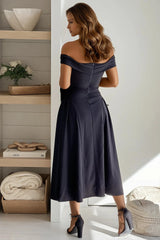 Black Off Shoulder Pleated Flare Midi Dress