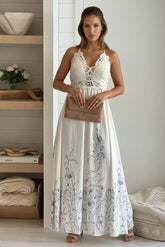 Natural Crochet Top Maxi Dress With Printed Skirt