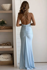 Sky Blue Ruched Maxi Dress With Slit