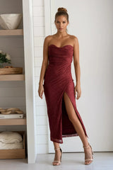 Wine Strapless Midi Dress