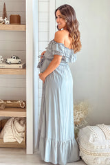 Sage Off Shoulder Waist Tie Maternity Maxi Dress