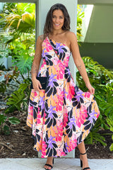 Black And Purple Satin One Shoulder Midi Dress