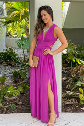 Orchid V Neck Maxi Dress With Slit And Pleated Top Detail
