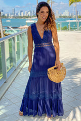 Navy V Neck Maxi Dress With Lace Trim