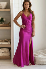 Magenta Ruched Maxi Dress With Slit