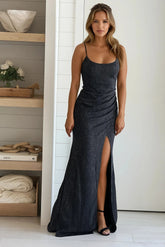 Black Glitter Maxi Dress With Slit And Strappy Back