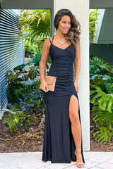 Black Maxi Dress With Side Slit And Tie Back