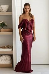Wine Slinky Foil One Shoulder Draped Maxi Dress