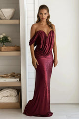 Wine Slinky Foil One Shoulder Draped Maxi Dress