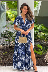 Navy Floral Maxi Dress With Slit