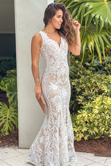 White And Nude Lace V Neck Maxi Dress